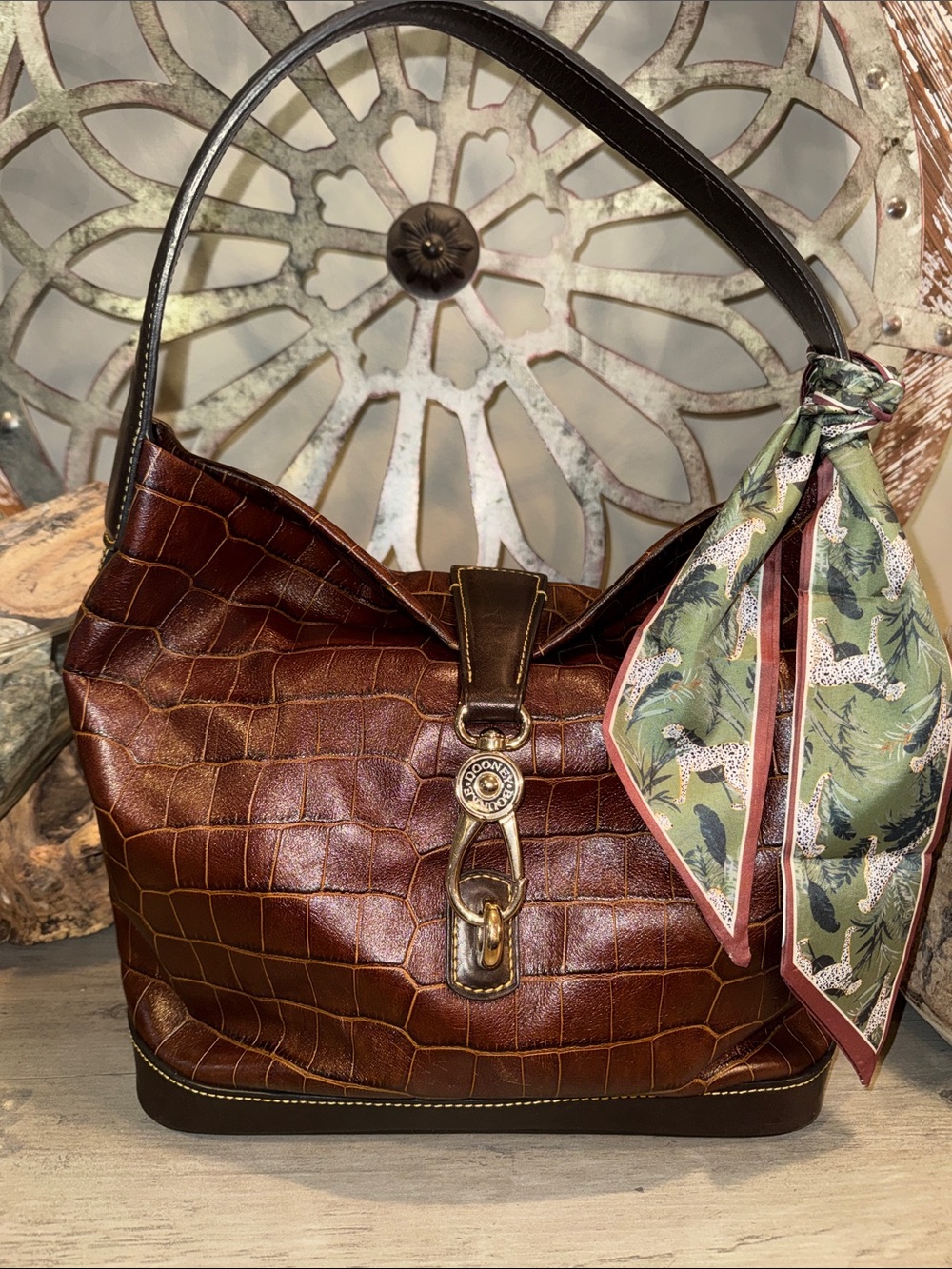 Croc-Embossed Brown Leather Shoulder Bag with Decorative Scarf - Picture 2 of 7